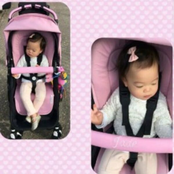 Customer photo: pink pram with a pink leather bumper bar cover by Re-Covers