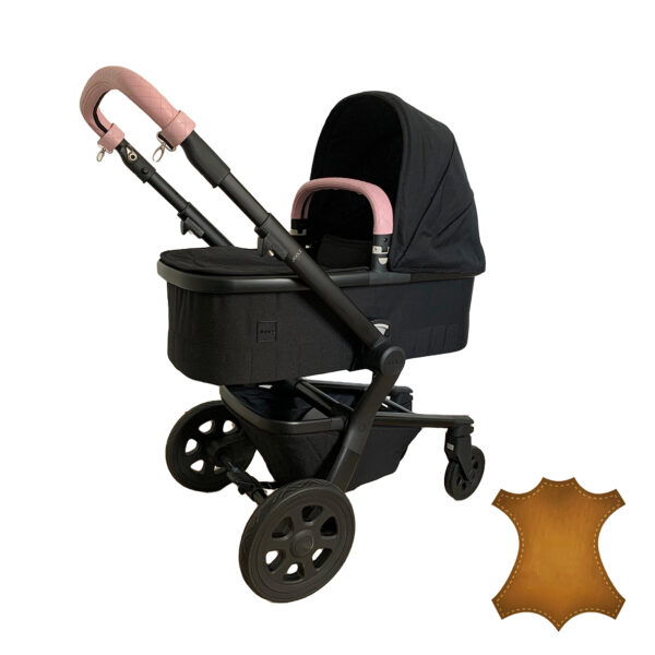 Joolz Hub stroller with replaceable carrying handle and push handle handle covers made of leather