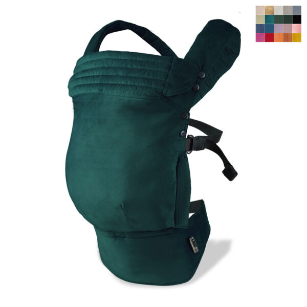 Dark Green velvet baby carrier with adjustable straps and reversible headrest