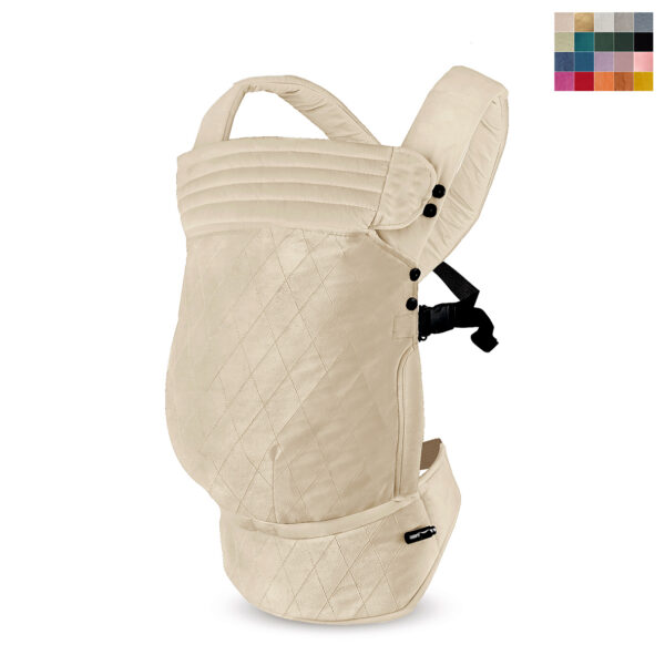 Velvwt Off white baby carrier with checkered motif. It has adjustable straps and a reversable headrest