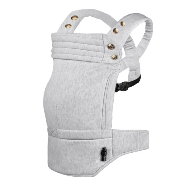 Baby carrier made of jogging fabric called french terry in light grey melange with golden buttons